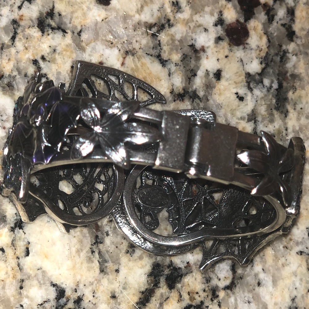 *RARE* Kirks Folly Bat Cuff Bracelet!  Purple bats, rhinestones, flowers, moon - Picture 4 of 11